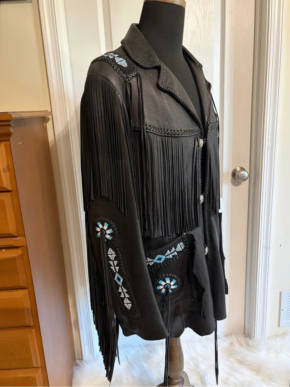 Arturo Arocha Black Leather Western Beaded Fringe Jacket 44